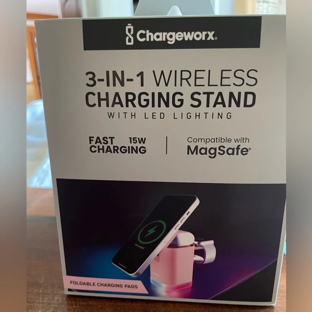 foldable 3-in-1 wireless charging stand with integrated LED lighting,.